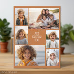 Cartão Postal 6 colagem de fotos - fundo terracota - branco<br><div class="desc">6 fotos em um padrão irregular rodeiam uma abertura para três linhas de texto. Use 2 fotos cortadas quadradas e 4 fotos verticais para fazer isso funcionar!
O fundo é uma cor sólida. Se você quiser mudar as cores,  clique na área de design avançado e veja mais opções.</div>