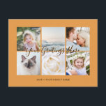 Cartão Postal 6 fotos personalizadas saudações universais<br><div class="desc">Fotos personalizadas de 6 famílias,  cartões postais universais laranja modernos,  com uma colagem de fotos em na moda com 6 imagens personalizadas,  sua mensagem de saudações em uma fonte elegante de script manuscrito,  seu nome,  data,  ano,  mensagem no verso em uma fonte moderna e simples sans serif.</div>