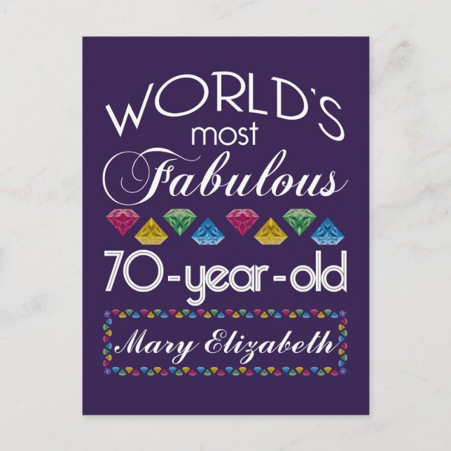 Cartão Postal 70 Aniversário Mais Fabuloso Gems Coloridas Roxo (Frente)