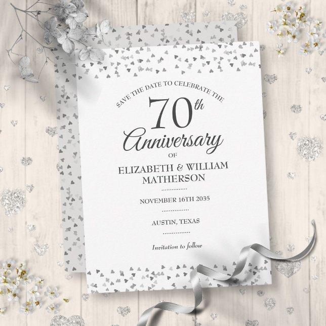 Cartão Postal 70 Casamento Aniversário Amar Corações Salvem Data (70th Wedding Anniversary Love Hearts Save the Date Postcard)