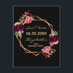 Cartão Postal 70th birthday burgundy floral black Save the Date<br><div class="desc">A Save the date card for a 70th birthday party. On front: Trendy bohemian boho style. Decorated with watercolored roses in burgundy and pink. Elegant black background. A faux gold geometric frame and templates for a name, date and age. Burgundy colored letters. The name and the text: Save the Date...</div>