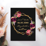 Cartão Postal 70th birthday burgundy floral black Save the Date<br><div class="desc">A Save the date card for a 70th birthday party. On front: Trendy bohemian boho style. Decorated with watercolored roses in burgundy and pink. Elegant black background. A faux gold geometric frame and templates for a name, date and age. Burgundy colored letters. The name and the text: Save the Date...</div>