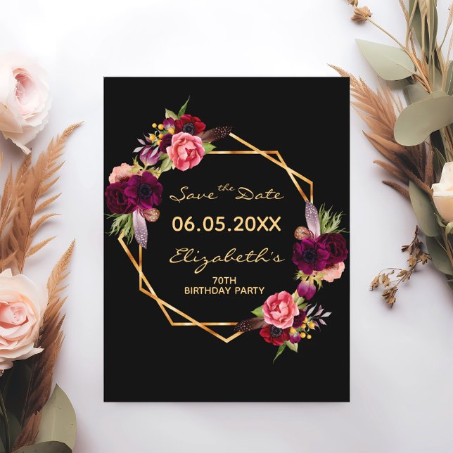 Cartão Postal 70th birthday burgundy floral black Save the Date (Criador carregado)