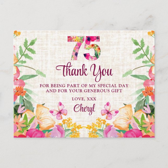 Cartão Postal 75 anos flores Floral Linen 75. º Obrigados de ani (Frente)