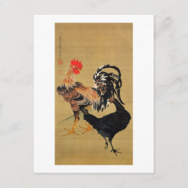 Cartão Postal 7. 大 鶏 雌 図, 若 冲 Casal de Galinhas, Jakuchu