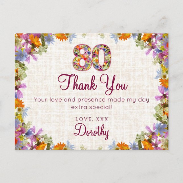 Cartão Postal 80 Birthday Obrigado - Elegante Design Floral (Frente)
