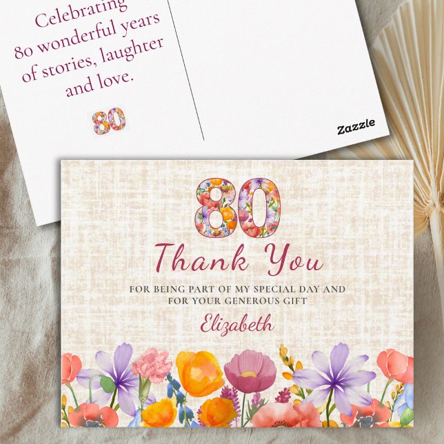 Cartão Postal 80th Birthday - Elegant Floral Number 80 Thank You (Criador carregado)
