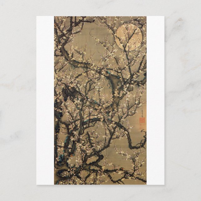 Cartão Postal 8. 梅 花 図, 若 冲 Lua e Plum floresce, Jakuchu (Frente)