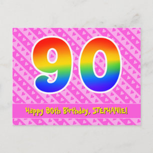 Cartão Postal 90º Aniversário: Listras e Corações Rosa, Arco-íri