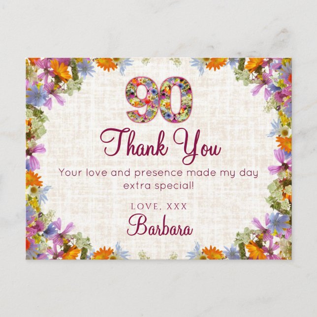 Cartão Postal 90 Birthday Obrigado - Elegante Design Floral (Frente)