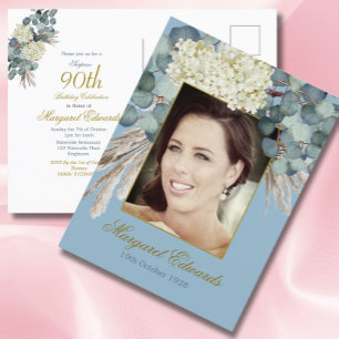 Cartão Postal 90 Floral Blue Dourado Foto Elegante Aniversário