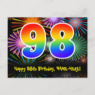 Cartão Postal 98º Aniversário – Padrão Divertido de Fogos de Art