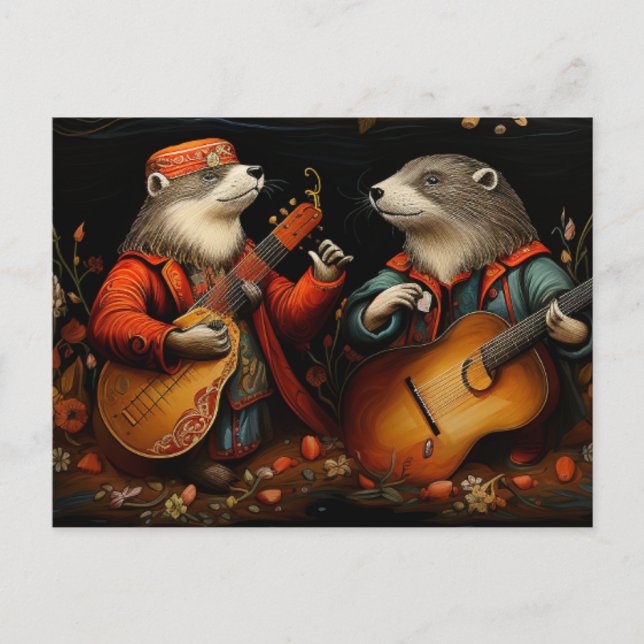 Cartão Postal A Banda Folk Art Otter Duet (Frente)