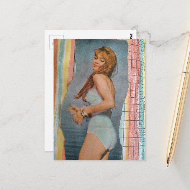 Cartão Postal A Beautiful Woman in 1957 on the beach collage (Frente/Verso In Situ)