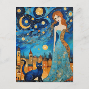 Cartão Postal A Bela Mulher e Gato numa Cidade Noturna