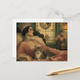 Cartão Postal A Bela Rainha Retro Sonolenta e seu Gato
