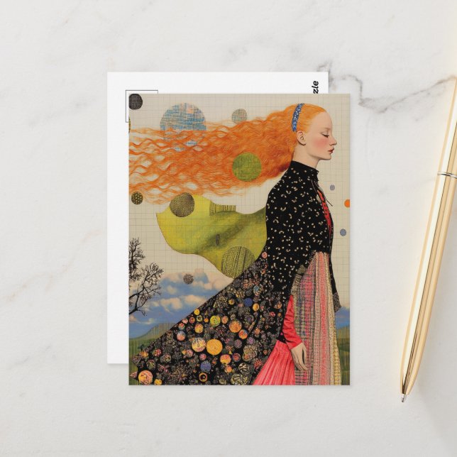 Cartão Postal A Bela Senhora Com Colagem De Cabelos Vermelhos (Frente/Verso In Situ)