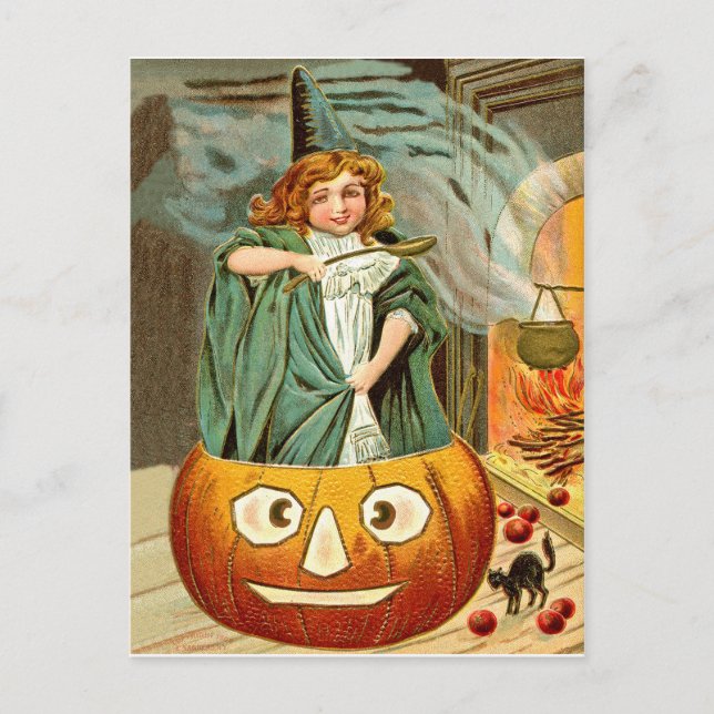 Cartão Postal A bruxa é cozinhar numa abóbora grande (Frente)