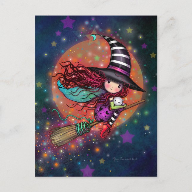 Cartão Postal A Bruxa Pequena na Broom com seu Gato (Frente)