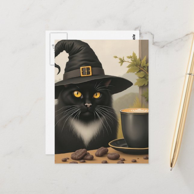 Cartão Postal A Cute Black Witch Cat and a Coffee (Frente/Verso In Situ)