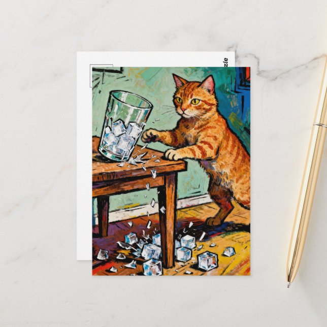 Cartão Postal A cute ginger cat knocks over a glass of ice (Frente/Verso In Situ)