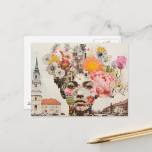 Cartão Postal A Dama Colagem Flores e Edifícios