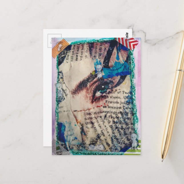 Cartão Postal A face abstract mixed media collage (Frente/Verso In Situ)