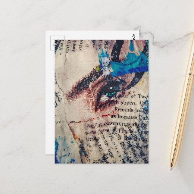 Cartão Postal A face and words abstract mixed media collage (Frente/Verso In Situ)