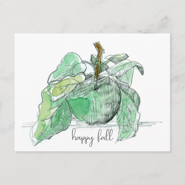 Cartão Postal A Fruta verde de Maçã de Queda Feliz Deixa Aquarel (Frente)