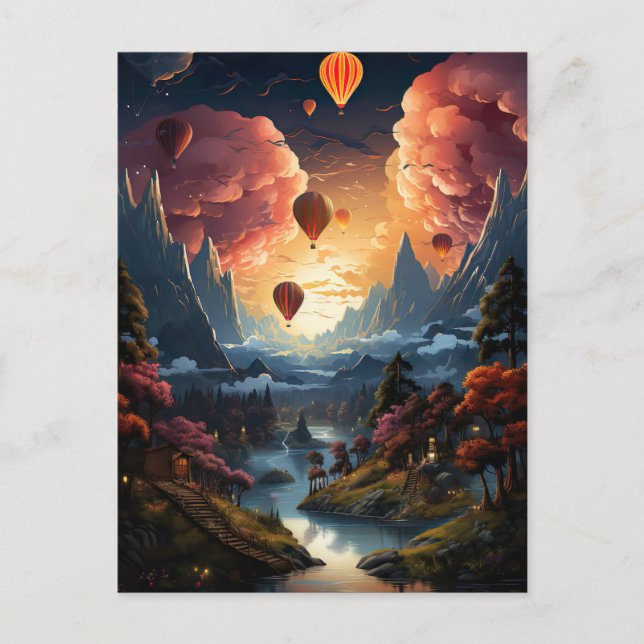 Cartão Postal A hot air balloon flies over an asian landscape (Frente)