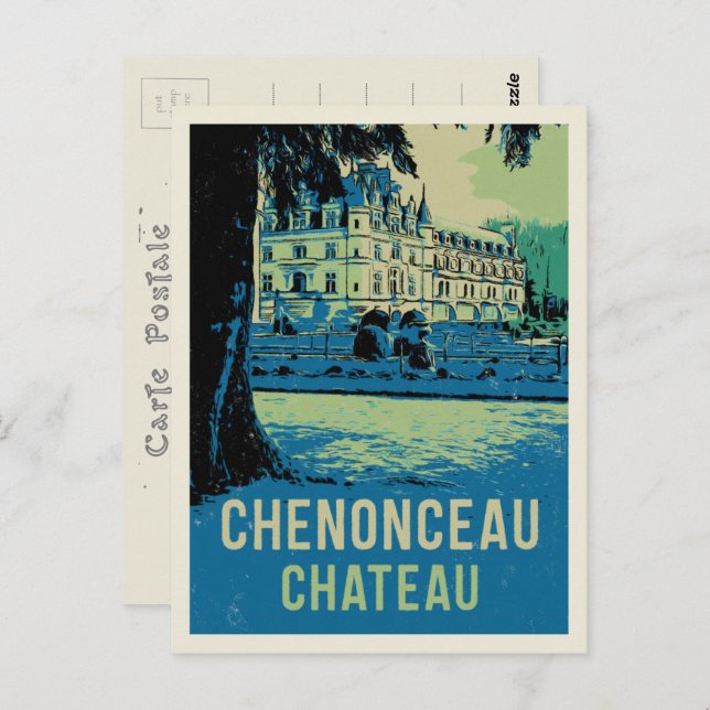 Cartão Postal A ilustração original de Chenonceau castelo França (Frente/Verso)
