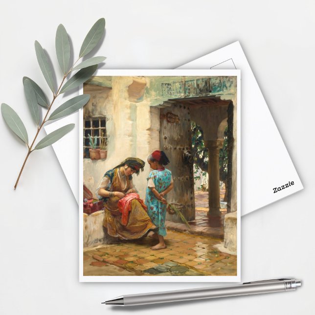 Cartão Postal A lição de costura de Frederick Bridgman (Criador carregado)