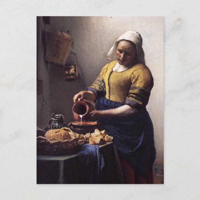 Cartão Postal A Milkmaid em detalhes por Johannes Vermeer (Frente)