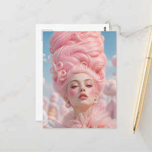 Cartão Postal A Mulher Com Cabelo de Algodão Doce Rosa