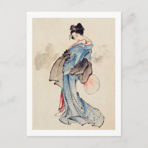 Cartão Postal A mulher fica com um ventilador, Hokusai
