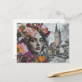 Cartão Postal A Senhora Colagem Com Flores e Edifícios