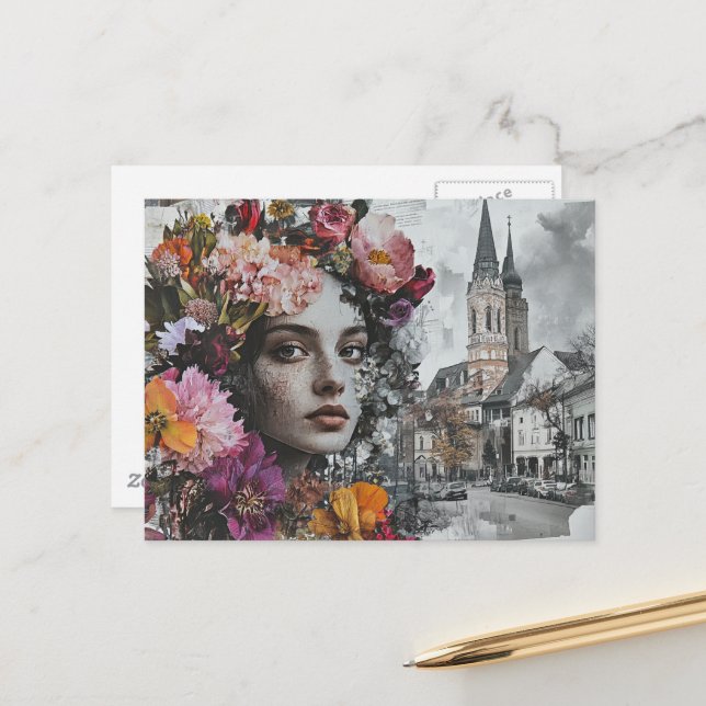 Cartão Postal A Senhora Colagem Com Flores e Edifícios (Frente/Verso In Situ)