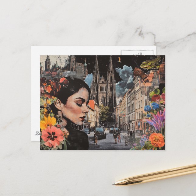 Cartão Postal A Senhora em Flores de Colagem de Cidade Edifícios (Frente/Verso In Situ)