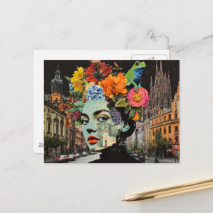 Cartão Postal A Senhora em uma Colagem de Flores Edifícios Rãs