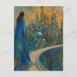 Cartão Postal A Senhora na Cidade Vestida de Azul Elegante