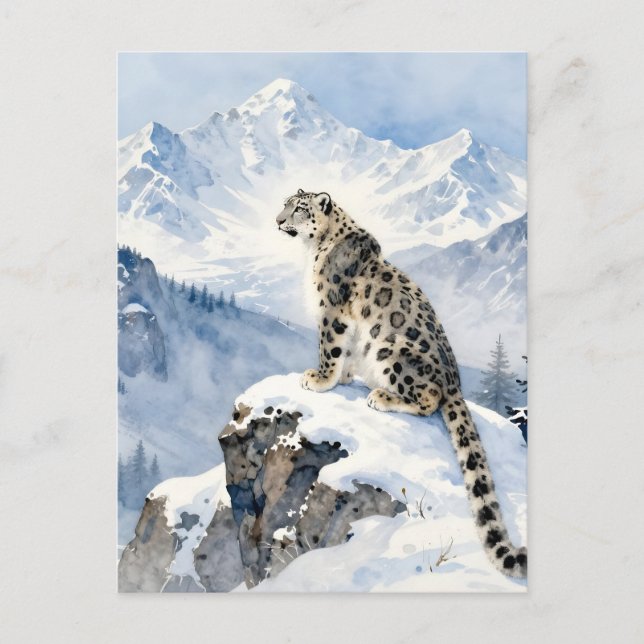 Cartão Postal A Snow Leopard on a Snowy Mountain Peak (Frente)