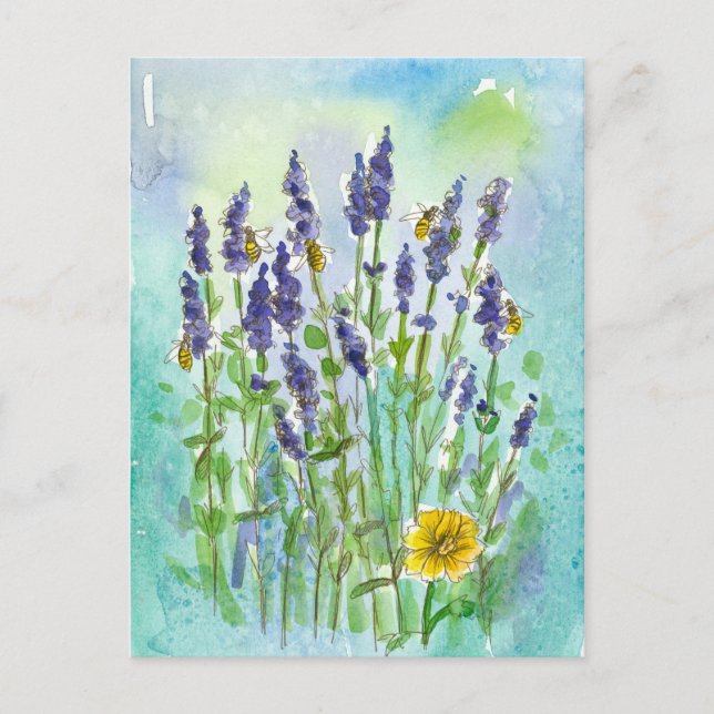 Cartão Postal Abejas Melíferas Flores de Lavanda Aquarela (Frente)