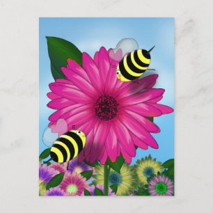 Cartão Postal Abejas Melíferas Reunidas en Flor Rosa