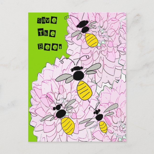Cartão Postal Abelhas de mel sobre Dahlias Rosa (Frente)