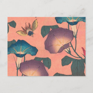 Cartão Postal Abelhas e Flores - Arte Japonesa Rosa Floral