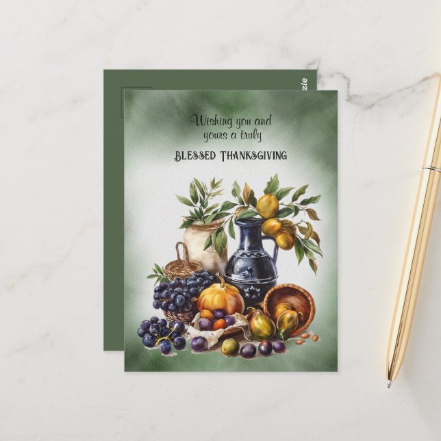 Cartão Postal Abençoada Ação de Graças Vinho e Bolinhas de Fruta (Frente/Verso In Situ)