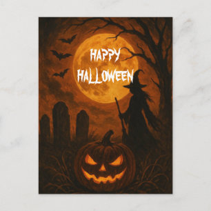 Cartão Postal Abóbora Assustadora de Halloween Bruxa Noite Assus