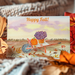 Cartão Postal Abóbora de Aquarela do Outono Feliz, Mums, Carrinh