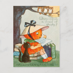 Cartão Postal Abóbora de cabeça de gato preto Jack O Lantern Abó