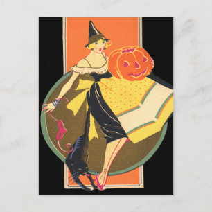 Cartão Postal Abóbora de Halloween com Bruxa Art Déco Gato Preto